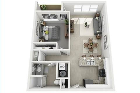 Floor plan for 1 bed, 1 bath, 681 sqft